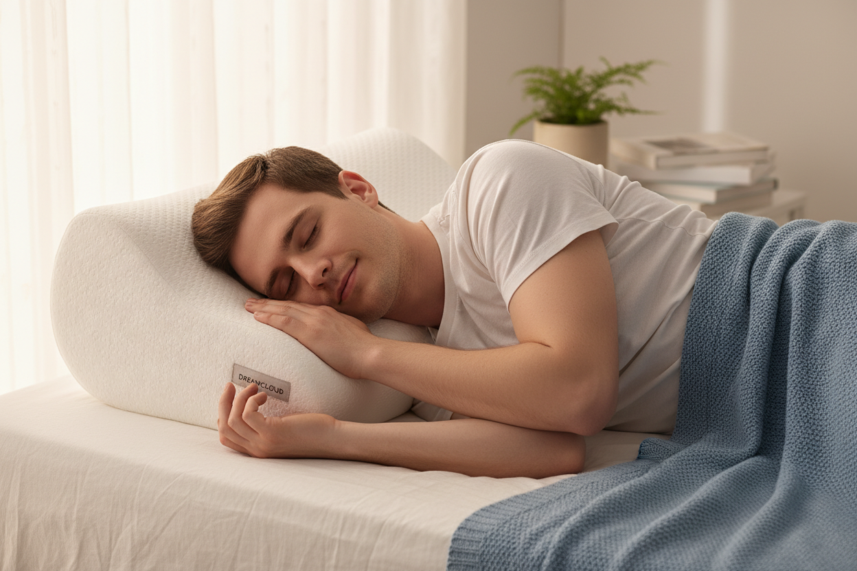 man sleeping on massage memory foam pillow